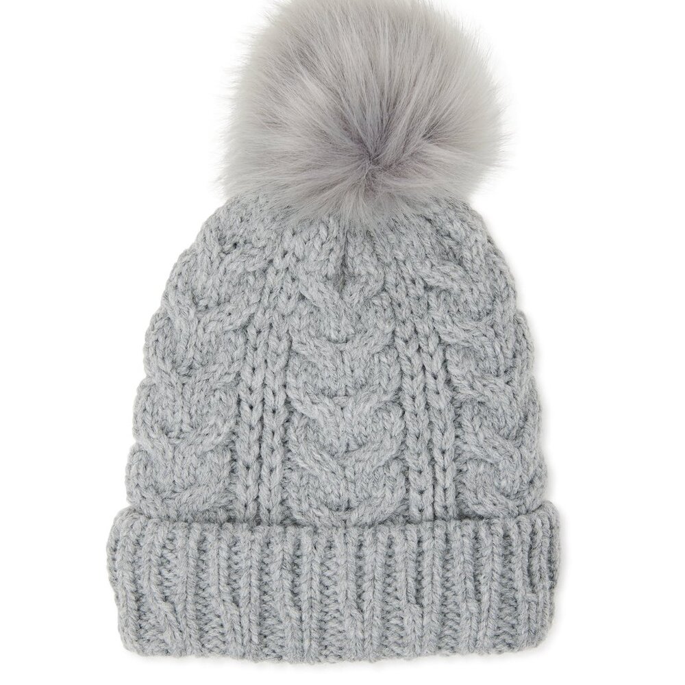 Pom Cable Women's Knit Insulated Hat With Pom Pom ONE SIZE Gray NEW